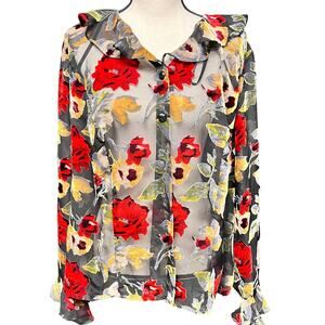 vintage women's sz16 sheer ruffle collar button down burnout floral velvet red